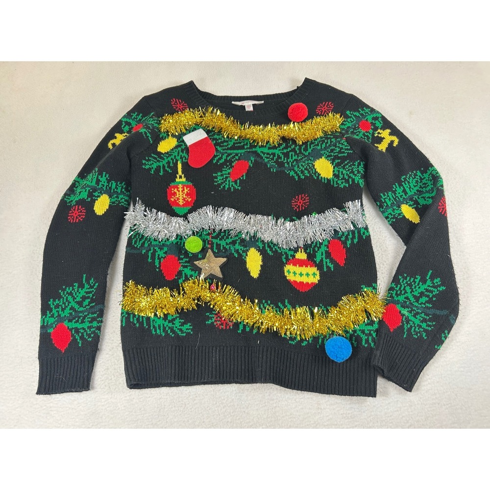 No Boundaries Ugly Christmas Sweater Womens M Black Festive Holiday Party Tinsel